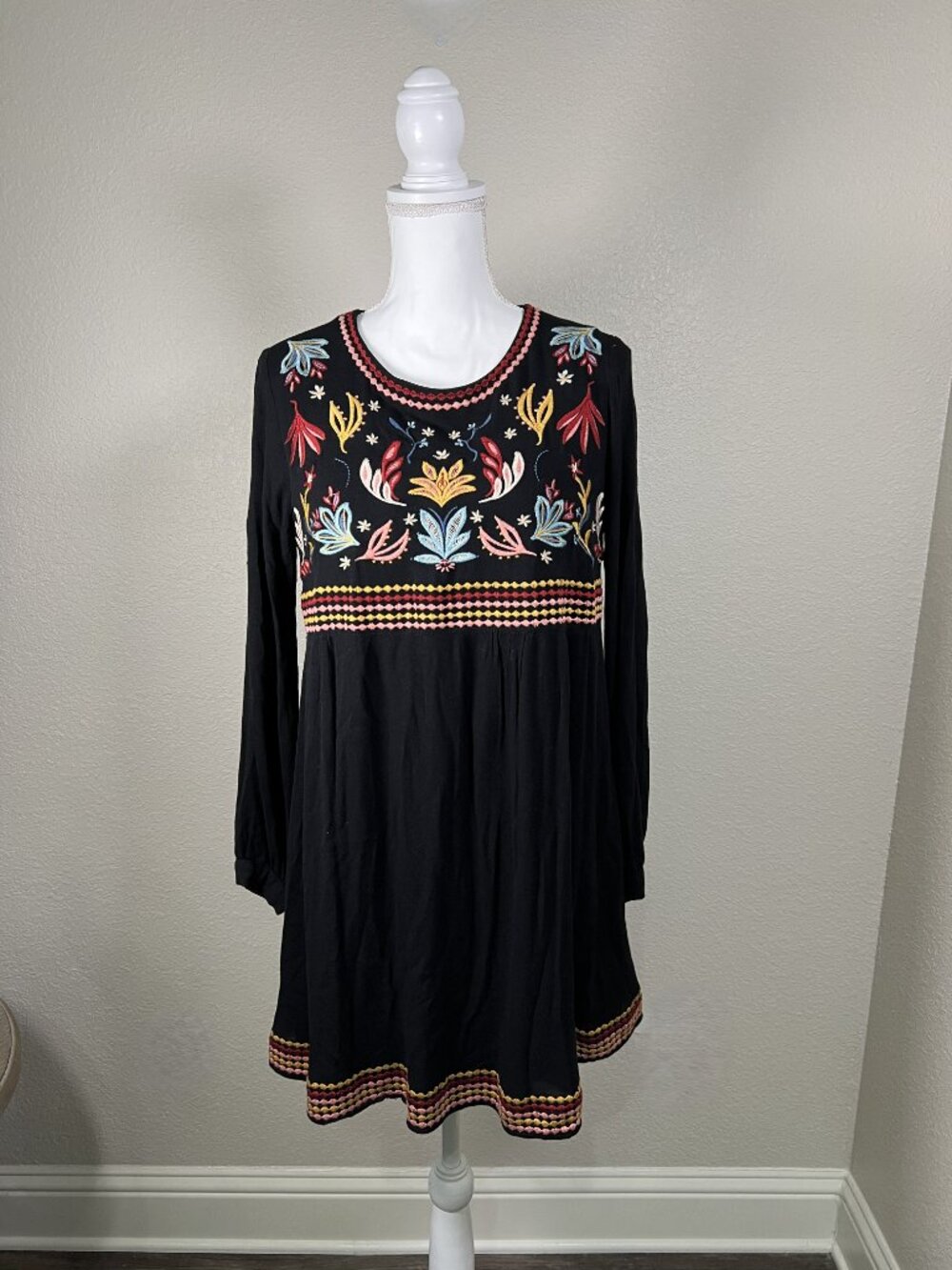 Savanna Jane Black Long-Sleeve Dress with Multicolor Floral Embroidery